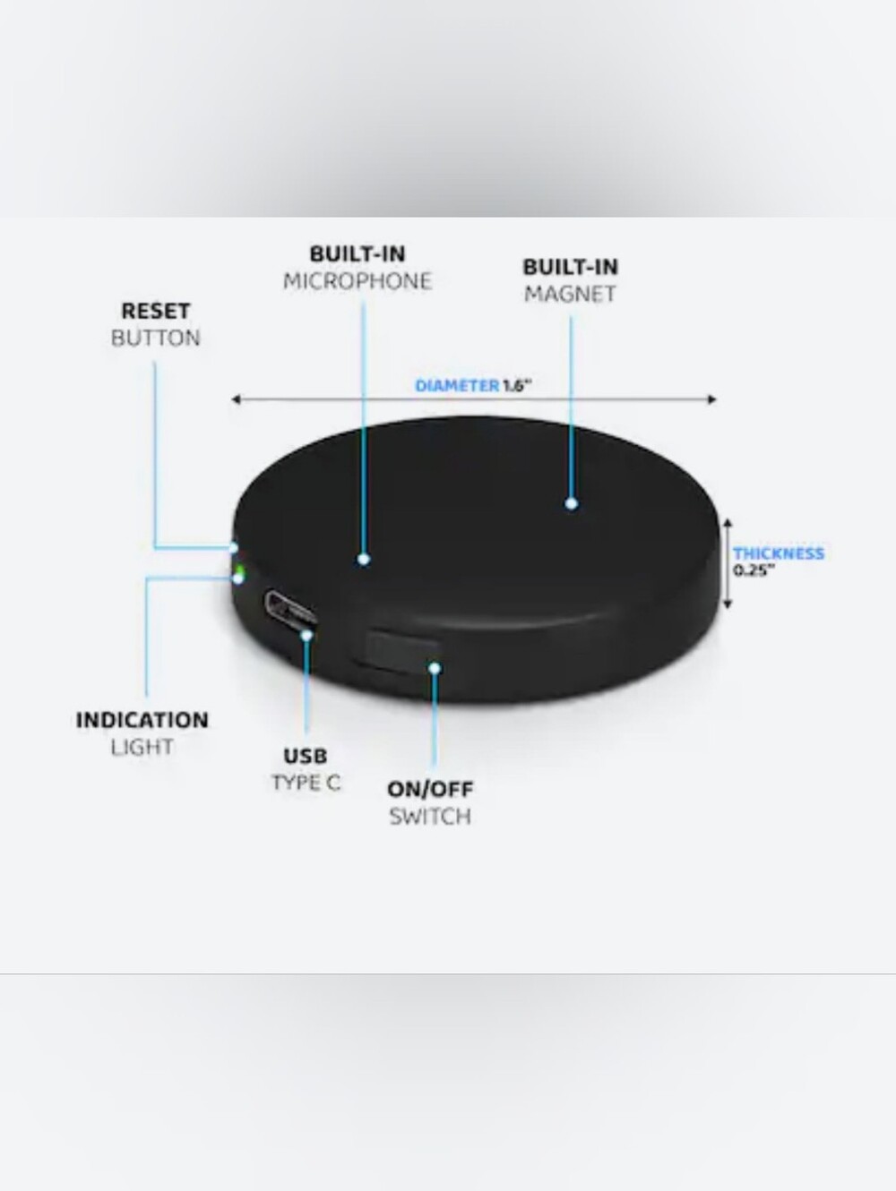 Compact Black Bluetooth Microphone Puck - USB-C, Built-in Magnet